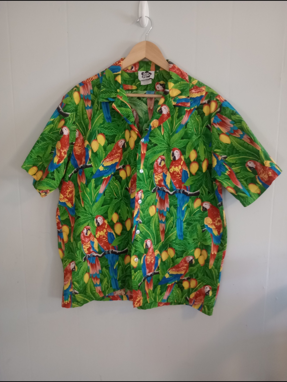 Vintage Men's Hilo Hattie Green Tropical Parrot Print Button-Down Shirt Size XL
